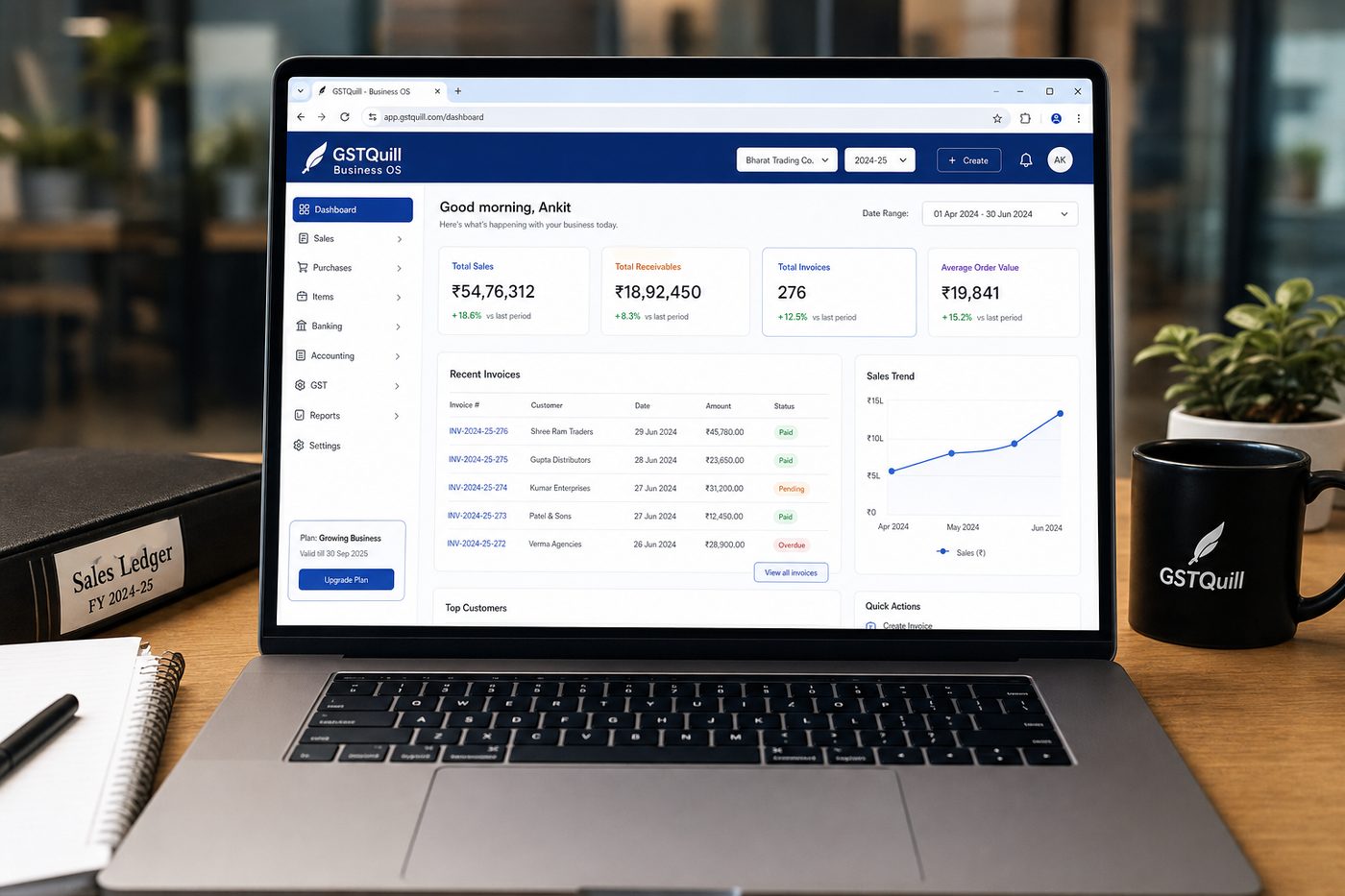 GSTQuill Business OS on laptop — sales dashboard with ₹ KPIs