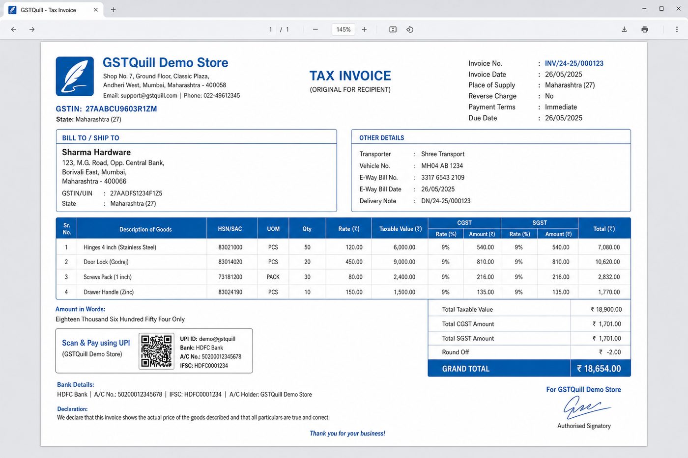 GST tax invoice preview after company setup